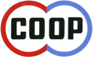 Red and blue interlocking circles framing the bold black word "COOP".