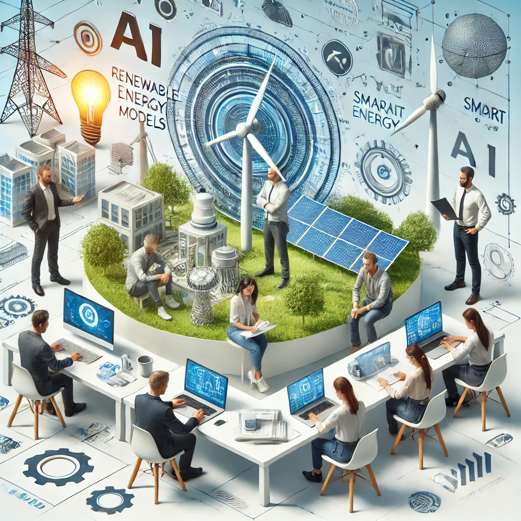 AI and renewable energy models: people working on sustainable technology, wind turbines, solar panels.
