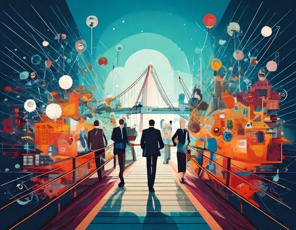 Futuristic cityscape with business people walking on a bridge, abstract elements, bright colors.